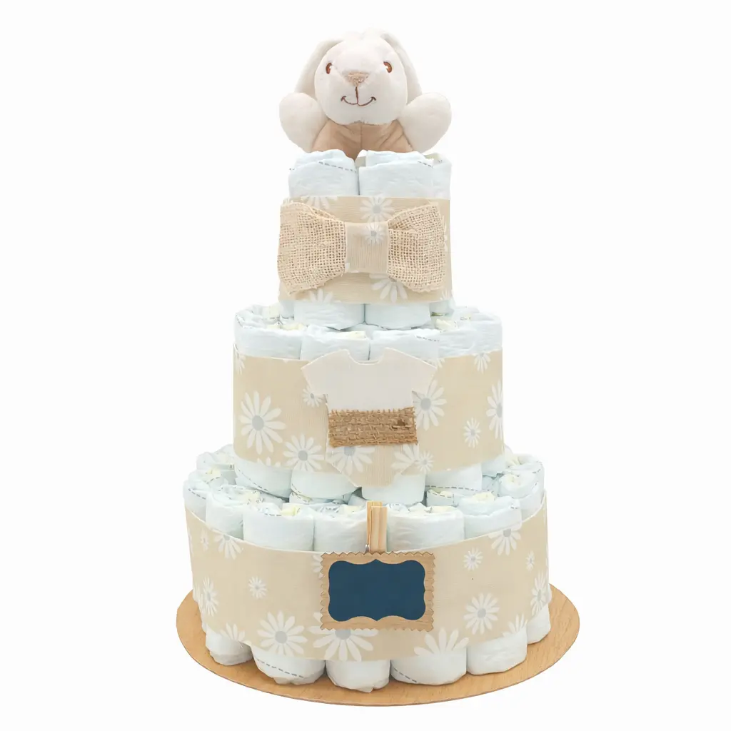 Tarta de pañales de tres pisos Margaritas con ovejita de peluche, arpillera y flores