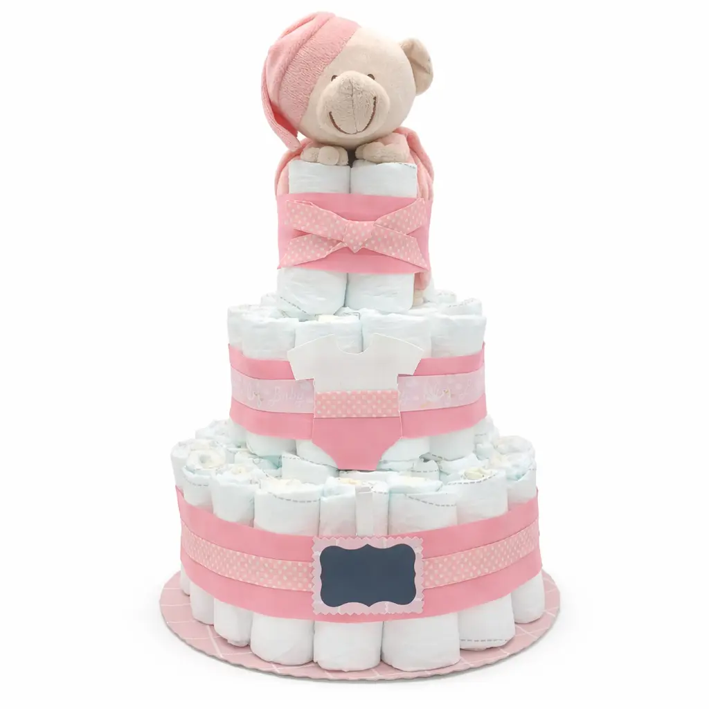 Tarta de pañales de tres pisos rosa con osito de peluche con gorro rosa y pizarrita