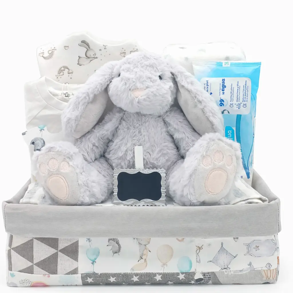 Canastilla Conejito con pañales: conejito de peluche gris, toallitas y ropa de bebé en caja de tela gris