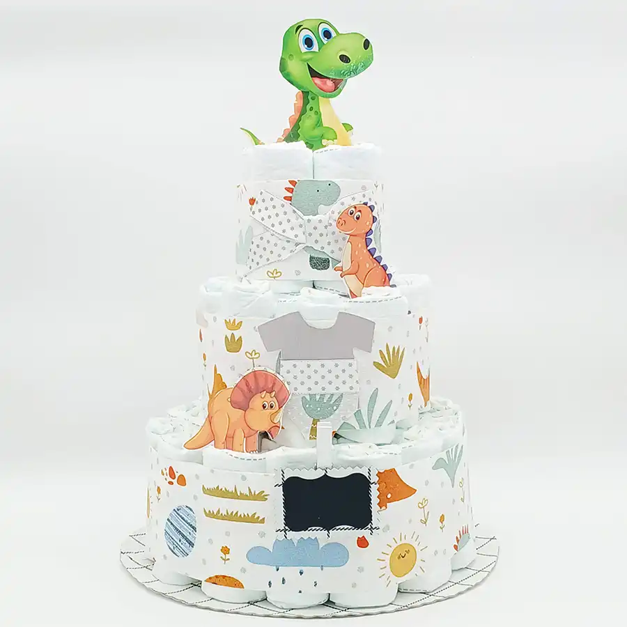 Tarta de pañales de tres pisos Dinosaurios con figura de dinosaurio verde y estampado de dinos de colores