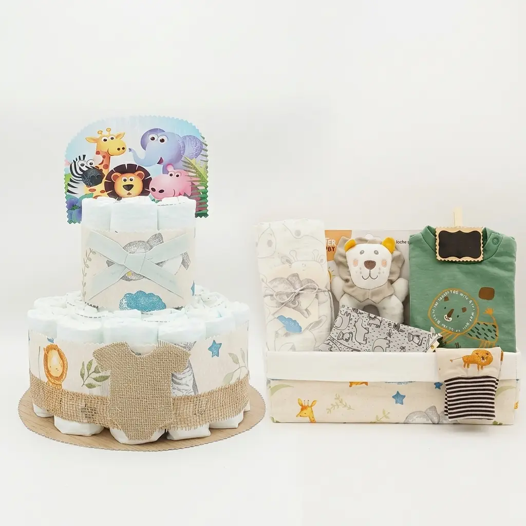 Canastilla Selva con tarta de pañales, figuras de animales de la selva, doudou de león y ropa de bebé en verde
