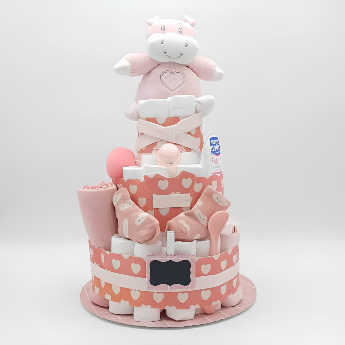 Tarta de pañales rosa con vaquita de peluche, body, toalla y complementos para bebé niña