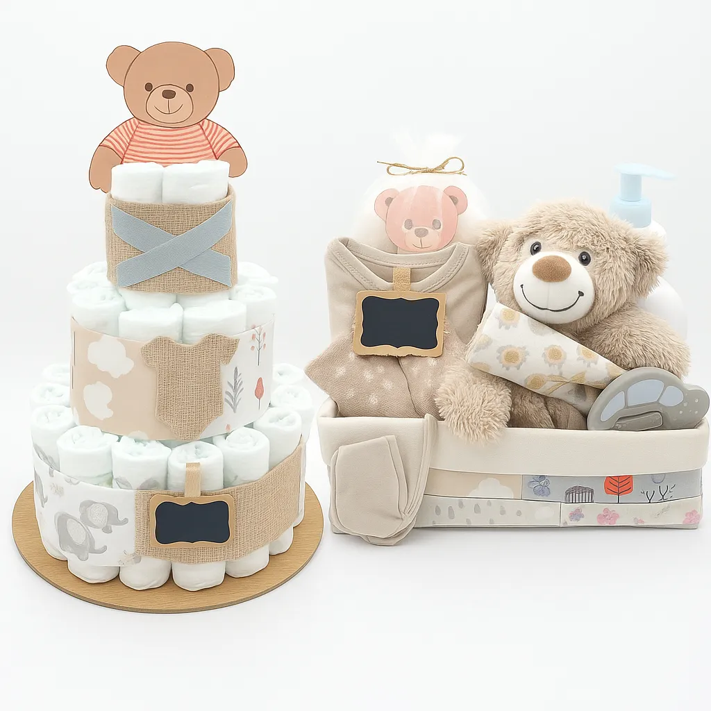 Pack de canastilla y tarta de pañales con osito de peluche, ropa de bebé en tonos tierra y pizarritas de regalo