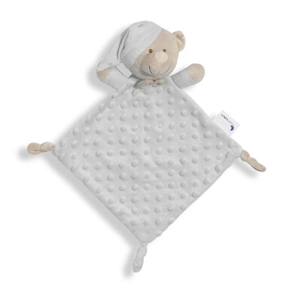 Doudou de osito gris con manta de puntitos para bebé