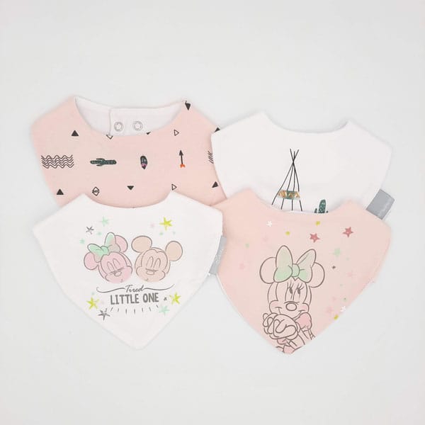 Cuatro baberos bandana rosas para bebé niña con estampado de Minnie