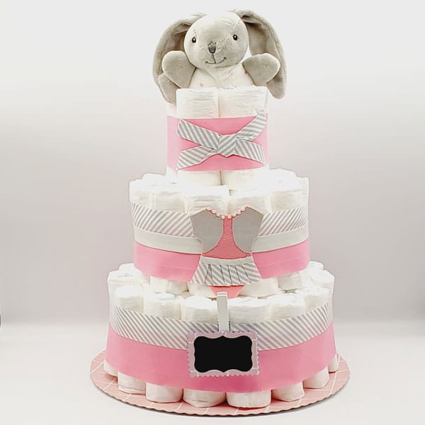 Tarta de pañales de tres pisos rosa con conejita de peluche gris y lazo, regalo para bebé niña