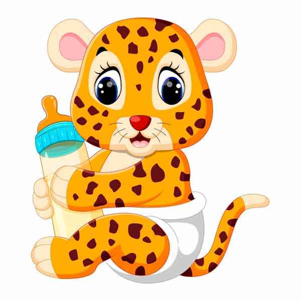 Ilustración de leopardo bebé con biberón y pañal
