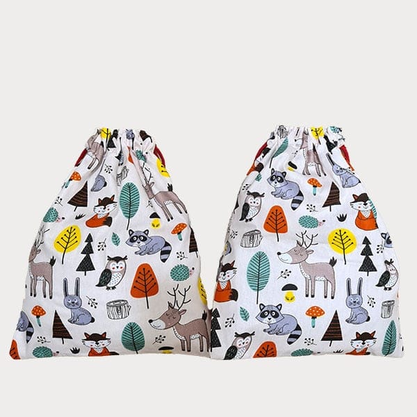 Pack de dos bolsas de tela con cordón y estampado de animales del bosque