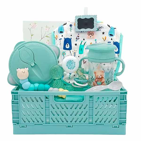 Canastilla Bon Appetit con vajilla de silicona, vaso de aprendizaje, babero, mordedor y caja plegable verde menta