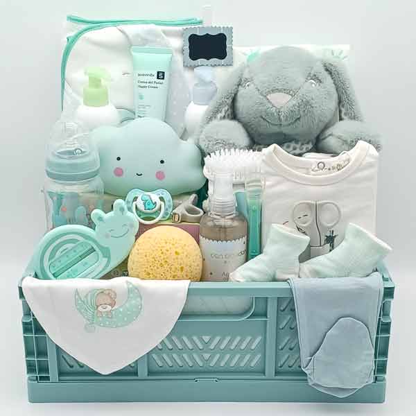 Canastilla XXL unisex en verde menta con conejito de peluche, lámpara nube, chupete, esponja y productos de higiene