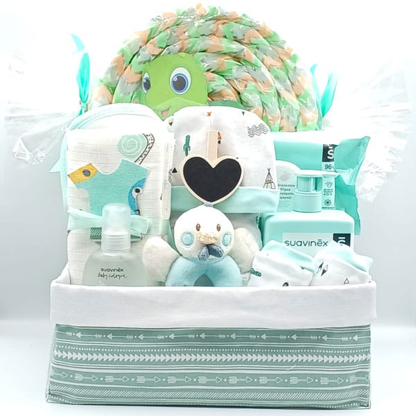 Pack de canastilla y caramelo de pañales con tortuga, doudou de patito, productos Suavinex y caja verde menta