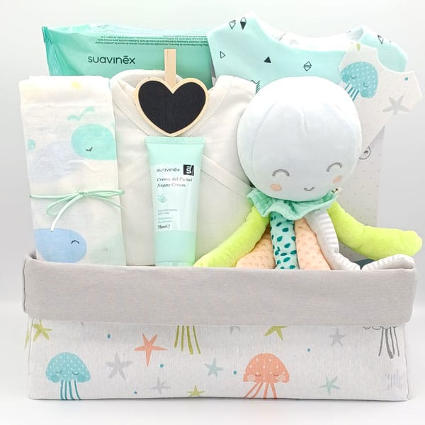 Canastilla unisex Ocean con pulpo de peluche, muselina, productos Suavinex y caja de tela con medusas