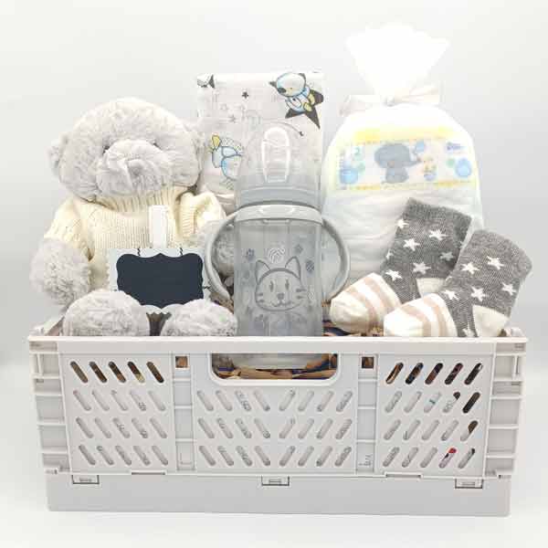 Canastilla de recién nacido Bear con osito con jersey, biberón, calcetines de estrellas y caja plegable gris claro