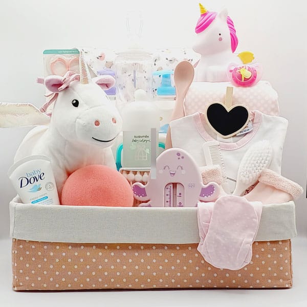 Canastilla XXL rosa para bebé niña con unicornio de peluche, lámpara, termómetro, productos Dove y accesorios rosas