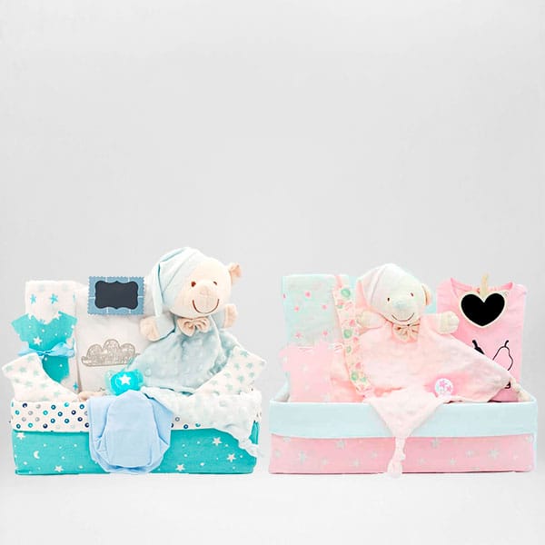 Dos canastillas para gemelos y mellizos, una azul y otra rosa, con doudous de osito y ropa de bebé