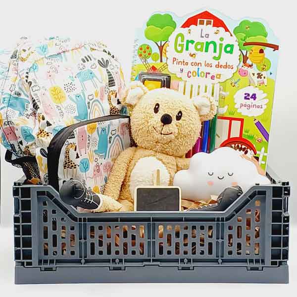 Regalo para hermano mayor con libro La Granja, osito de peluche, mochila infantil y caja plegable gris