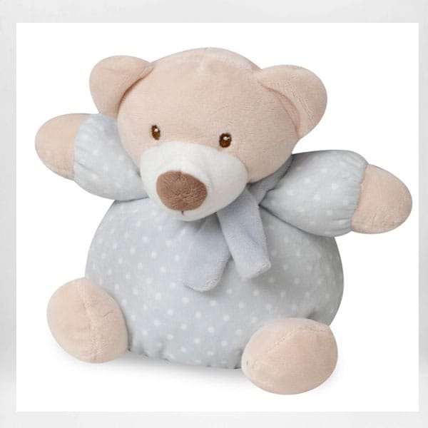 Peluche de osito para bebé beige con cuerpo azul de lunares blancos