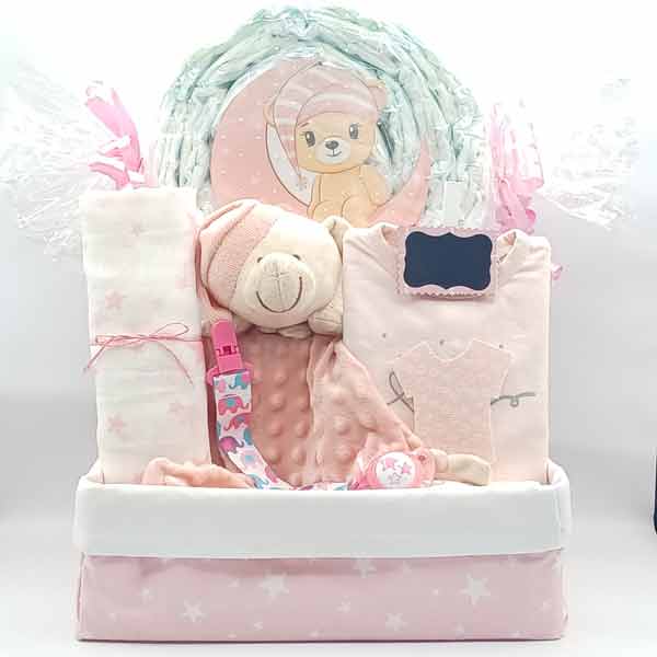 Pack de bebé Estrella con caramelo de pañales con luna, doudou de osito rosa, ropa y caja de tela rosa
