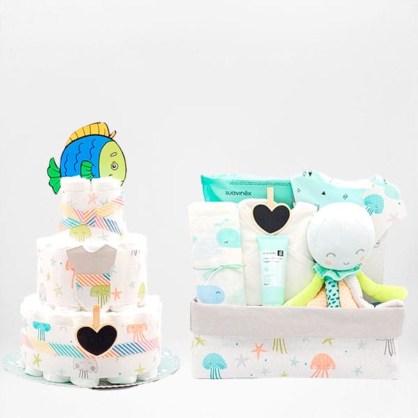 Tarta de pañales Ocean con pez y canastilla con pulpo de peluche y productos Suavinex